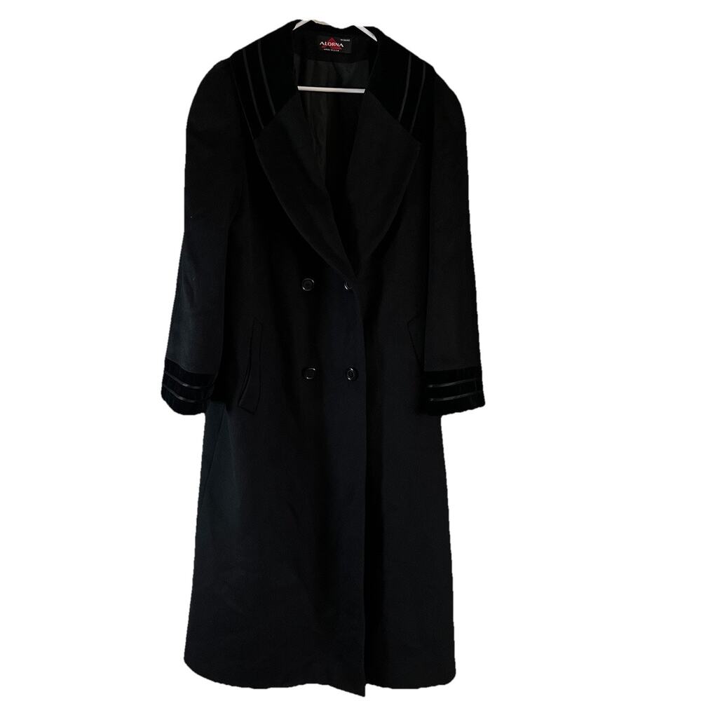 Alorna Wool Blend Double Breasted Longline Trench Coat VTG Black Velvet Collar - Picture 2 of 13